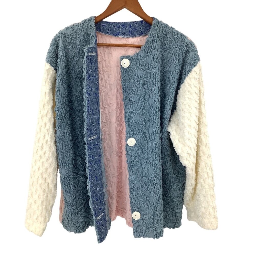 Handmade Women's XL Color Block Terrycloth Cardigan Jacket Blue Pink White - Picture 1 of 4